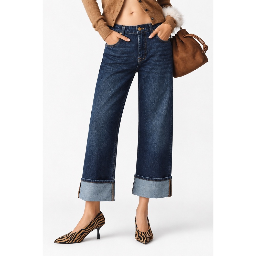 KUT from the Kloth Meg Fab Ab Wide Leg Cuffed Jeans Dark Wash Blue Size 8